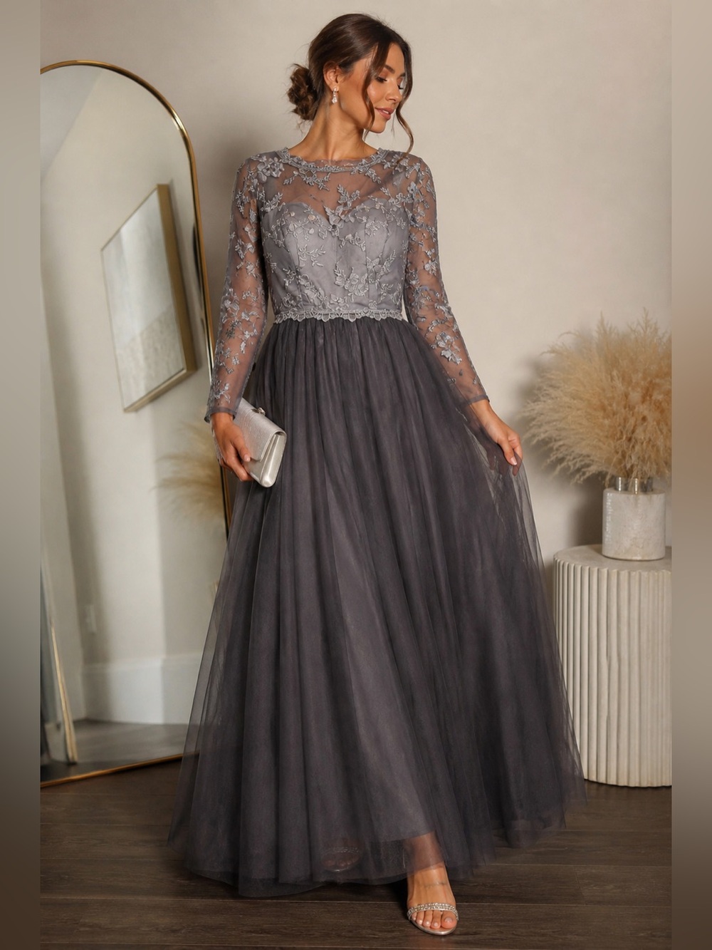 Dressystar Gray Tulle Embroidered Evening Gown – Long Sleeve Formal Dress Size 2